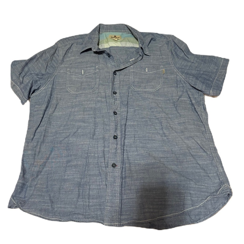 Woolrich Shirt Mens SZ XL Short Sleeve Blue Cotton Denim Look Hiking Button